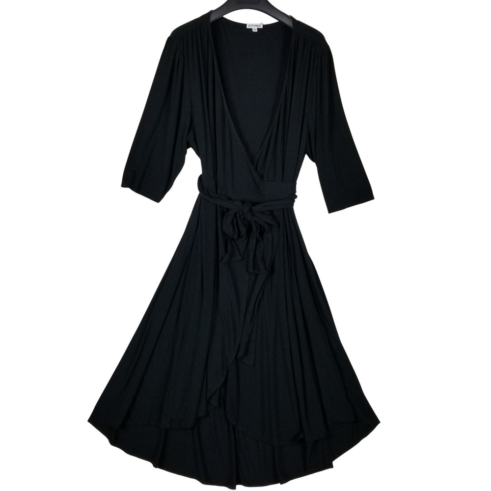 Kiyonna Wrap Dress Women Size 3X Black High Low V-Neck 3/4 Sleeve Jersey Plus